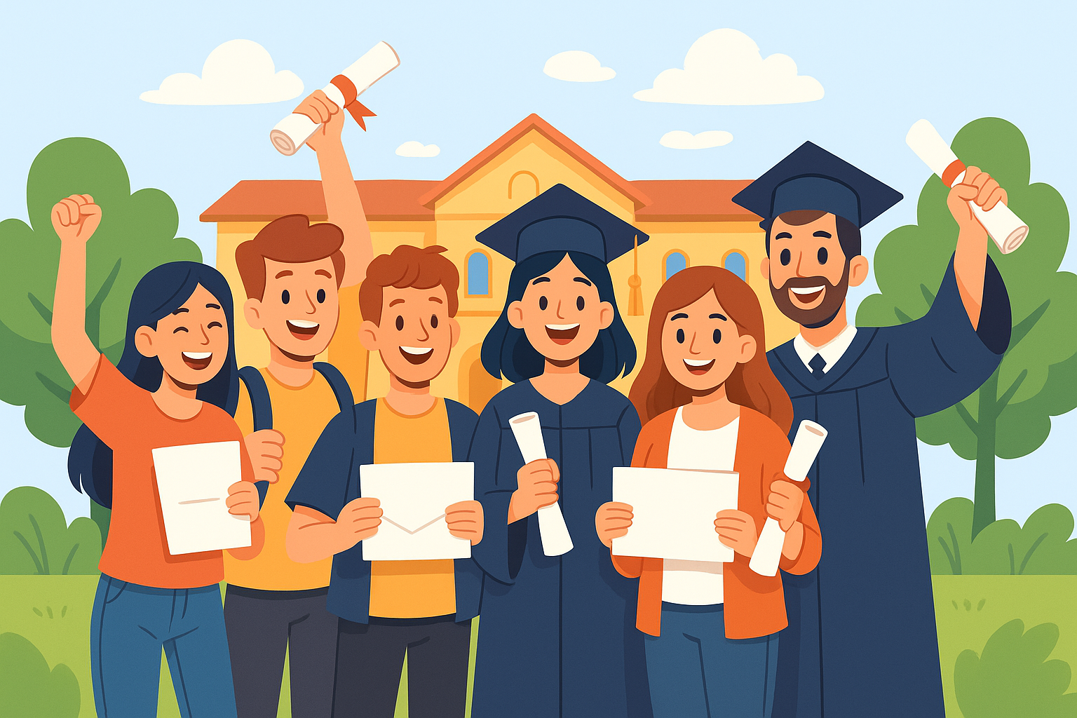 happy diverse students celebrating university acceptance letters, group photo with Turkish university campus background, bright natural lighting