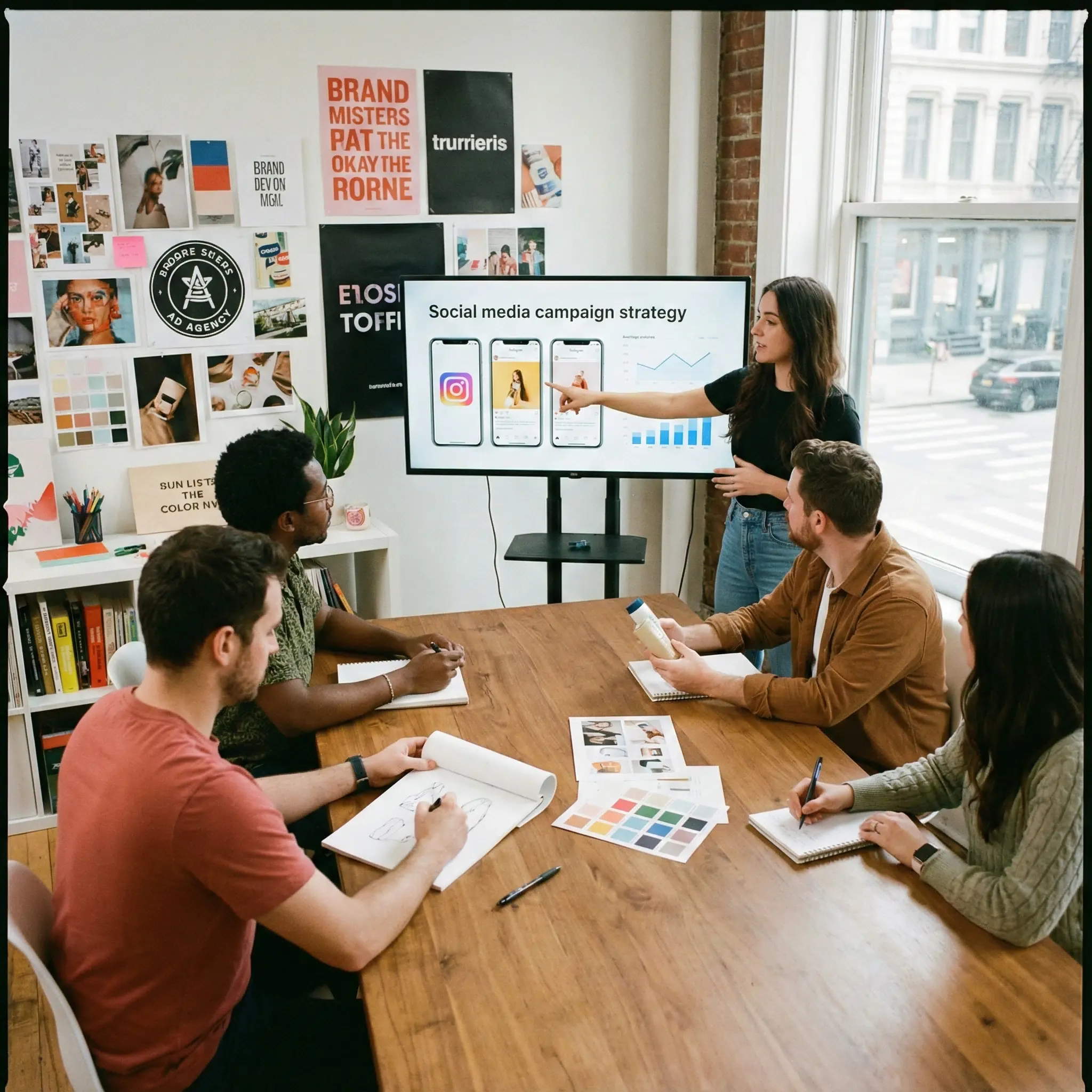 Pazarlama öğrencileri reklam kampanyası üzerinde çalışıyor